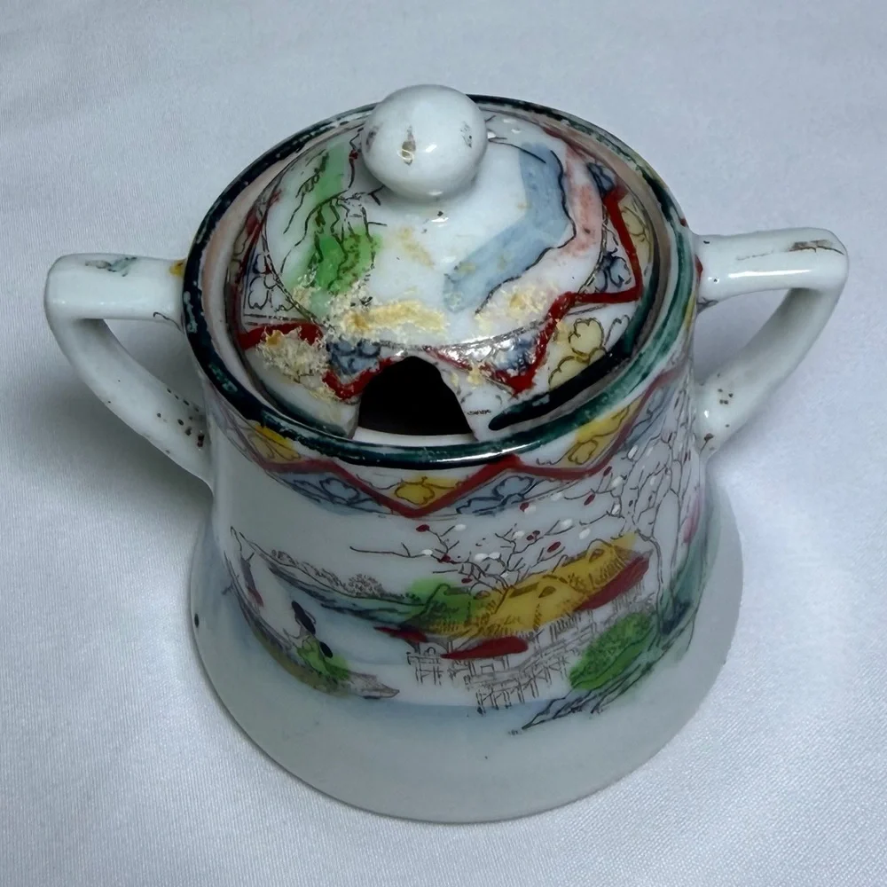 Antique Porcelain Nippon Mini Sugar Bowl Hand-Painted Japanese Scenic Geisha Art